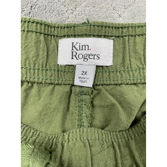Kim Rogers Plus Size 2X Green Cropped Linen Blend Pants Elastic Waist Drawstring - Picture 7 of 8
